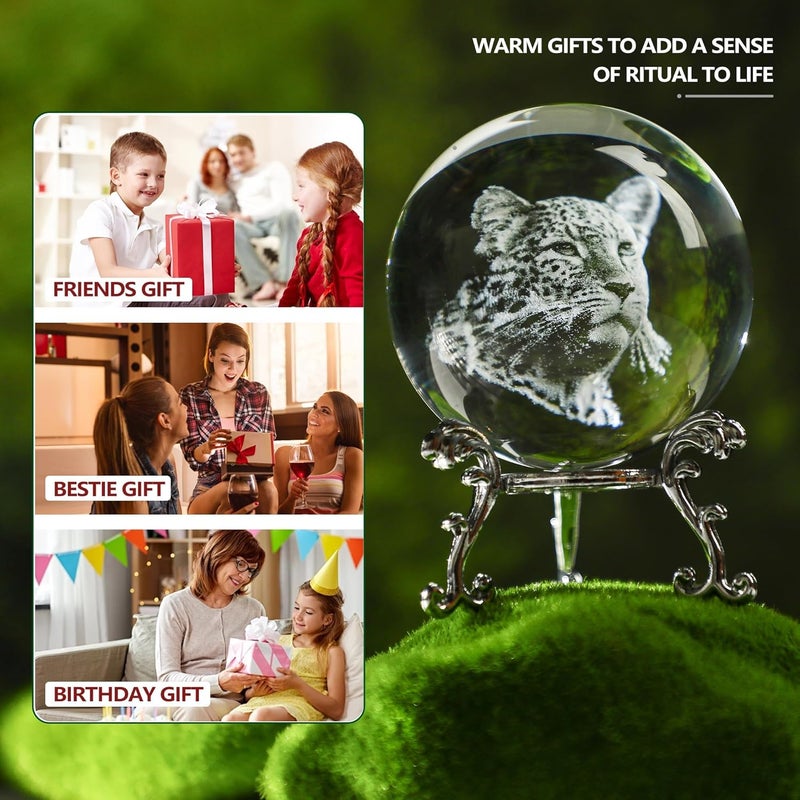 ZEERSHEE 60mm Cheetah Crystal Ball with Stand 3D Laser Engraved Leopard Decorative Glass Sphere Paperweight Gifts for Cheetah Lovers - Image 4